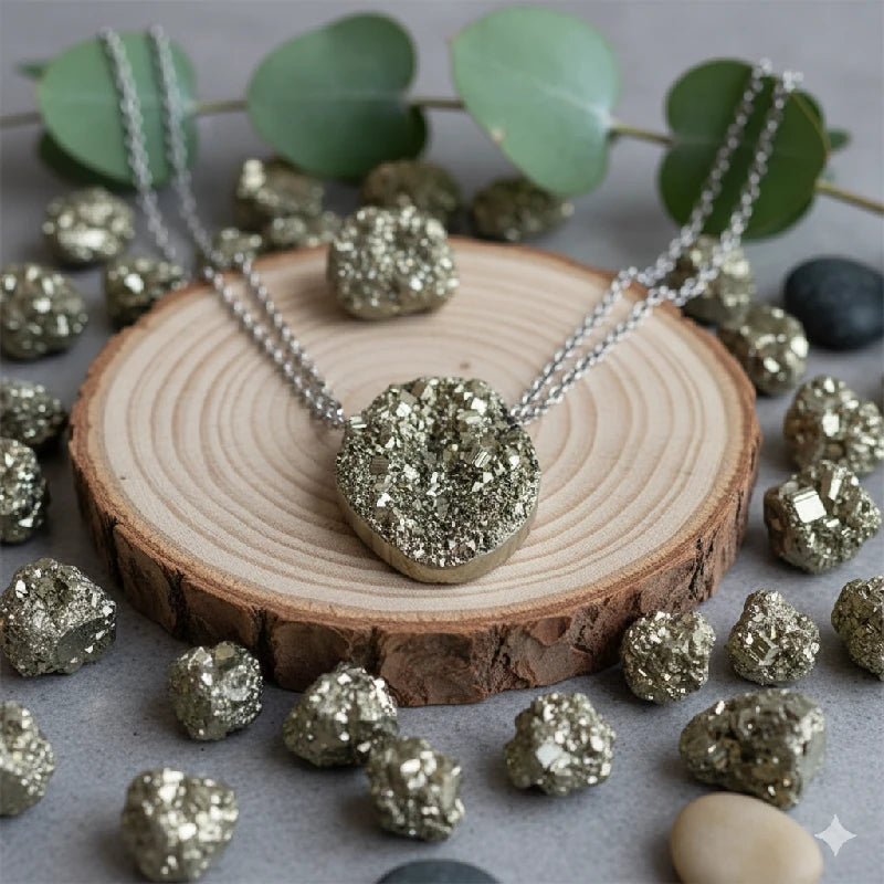 Necklace with a pyrite pendant on a wooden slice surrounded by pyrite crystals.