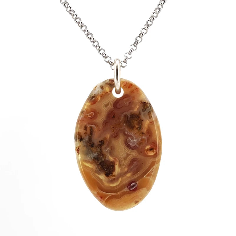 Oval agate pendant on a chain against a white background