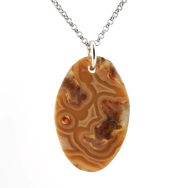 Oval agate pendant on a chain against a white background