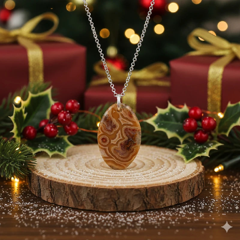 Necklace with a pendant on a wooden stand with Christmas decorations in the background