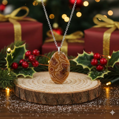 Necklace with a pendant on a wooden stand with Christmas decorations in the background