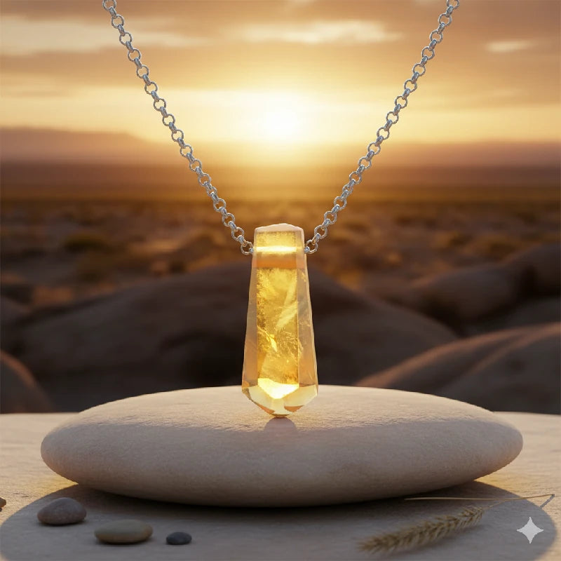 Necklace with a yellow pendant on a stone against a sunset desert background