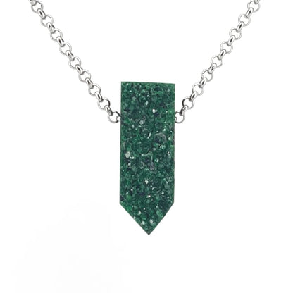 Necklace with a green drusy garnet pendant on a white background