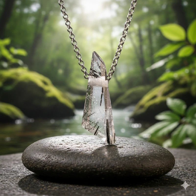 Crystal necklace on a rock with a forest background