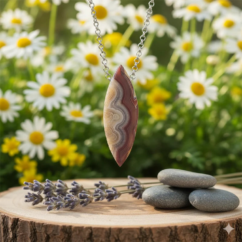 Necklace with a pendant on a wooden stump with flowers and stones in the background