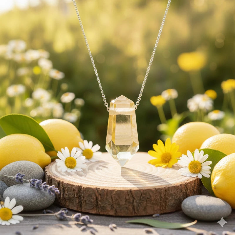 Crystal pendant necklace on a wooden stand with lemons, flowers, and stones in a natural setting