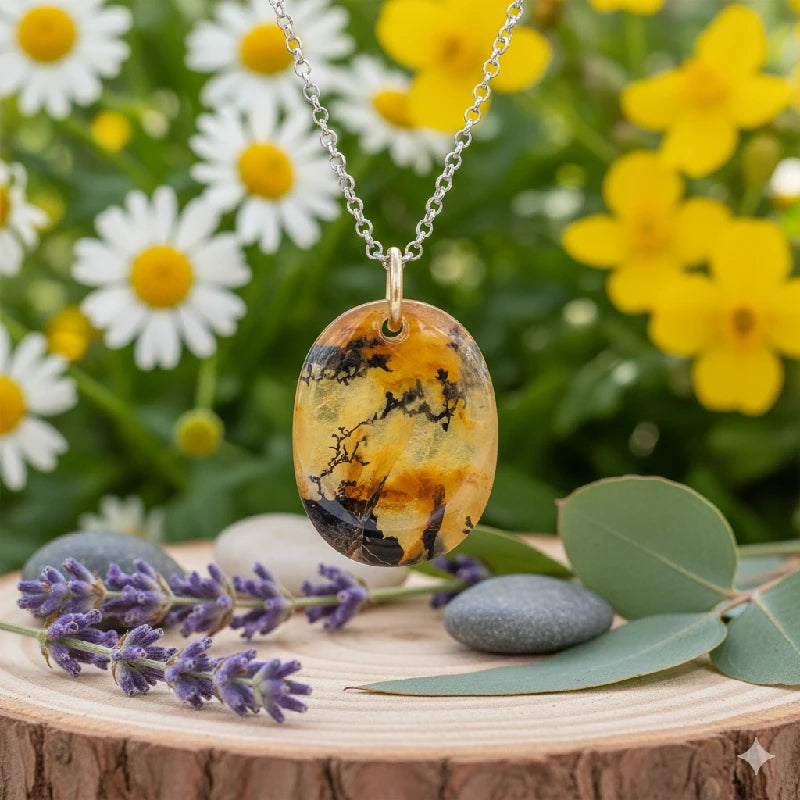 Marbled pendant necklace on a wooden surface with flowers in the background