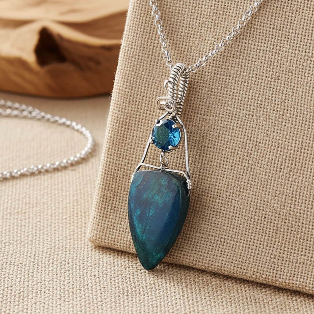 Necklace with apatite and blue topaz  pendant on a beige fabric background