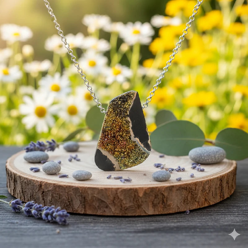 Necklace with a natural stone pendant on a wooden stand with flowers in the background