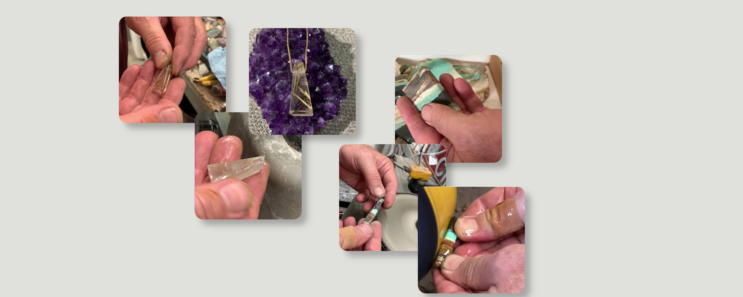 Collage of hand polishing gemstones into pendants on a light gray background.